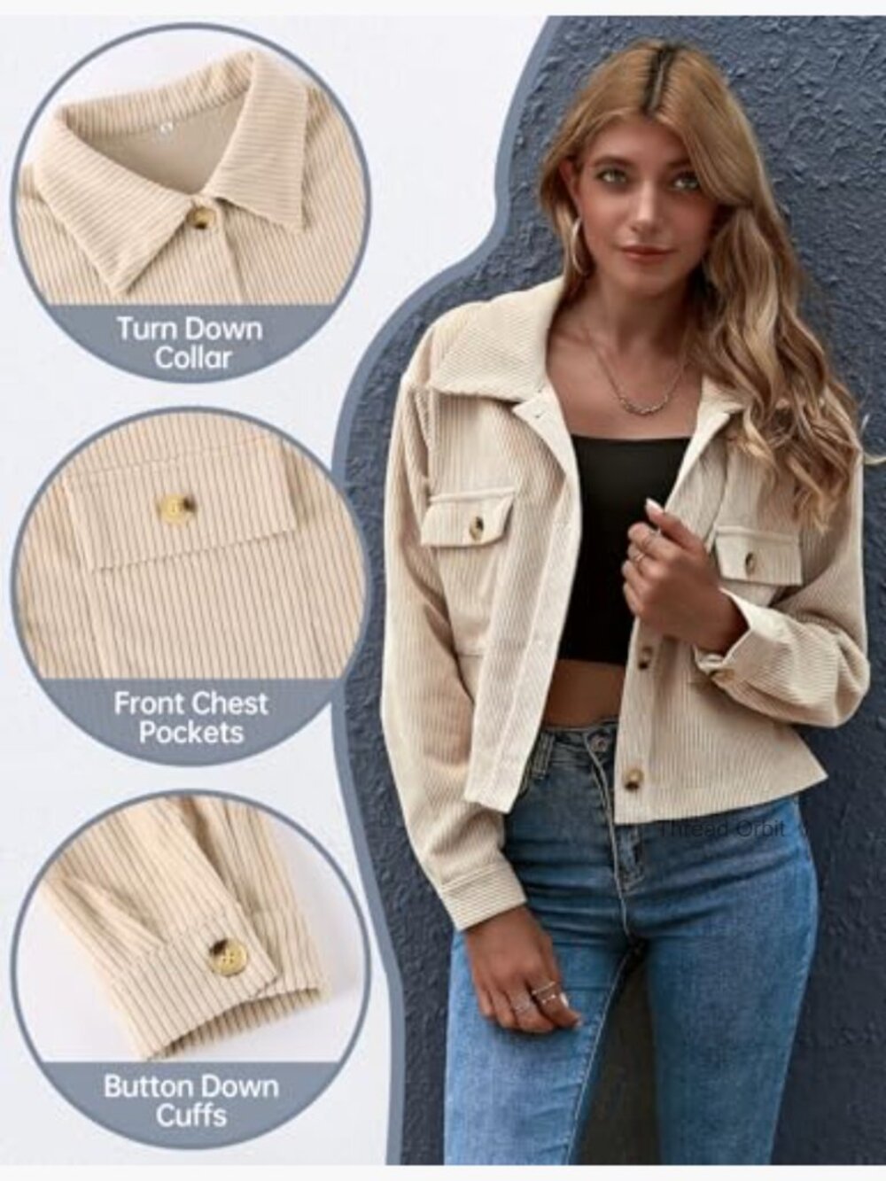 Cropped Corduroy Shacket Button Down Casual Jacket - Picture 4 of 7